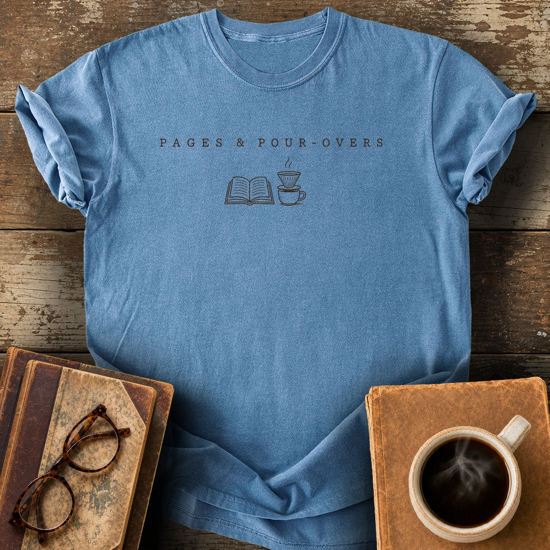 Pages and Pour-Overs Tee - blue jean shirt mockup